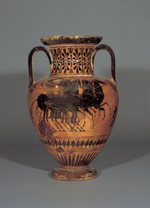 Attic black-figure neck amphora depicting Athena in a quadriga, 530-530 BC